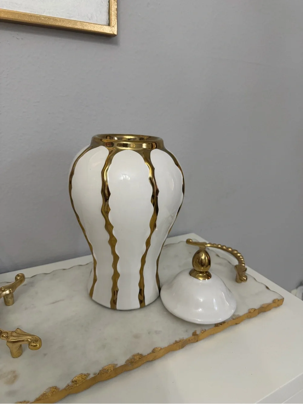 White and Gold Decorative Porcelain Jar with Lid - Home Accents